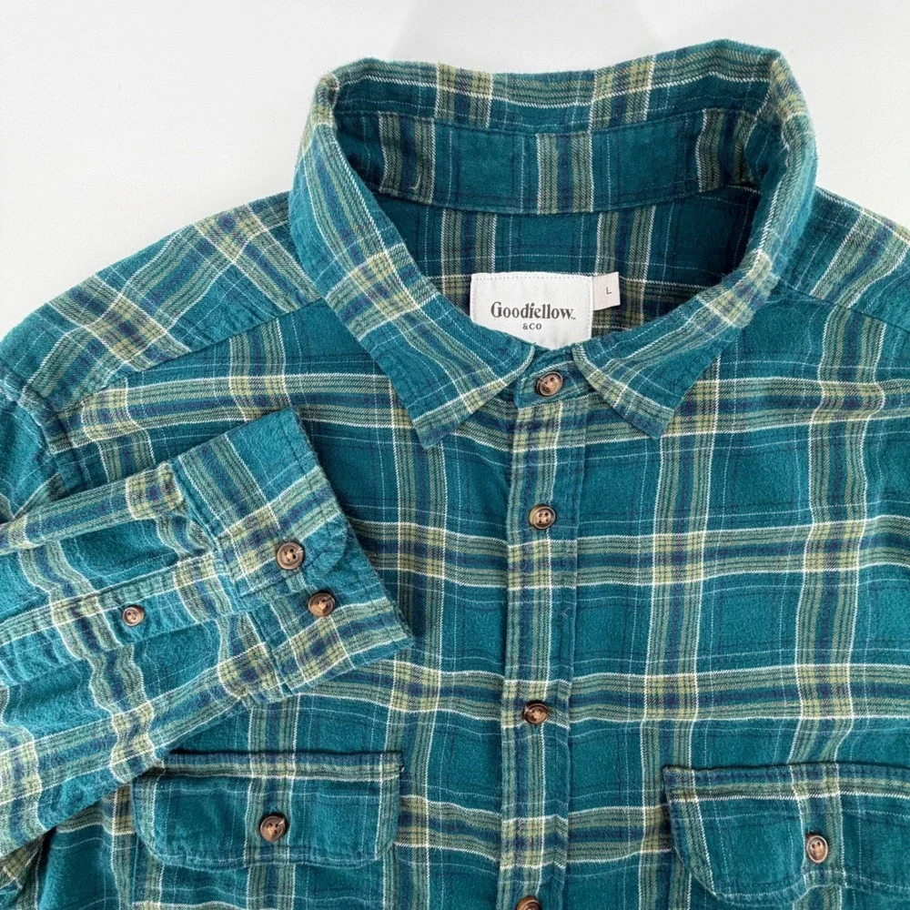 Goodfellow & Co Mens Flannel Long Sleeve Button Up Shirt Green Plaid Size L